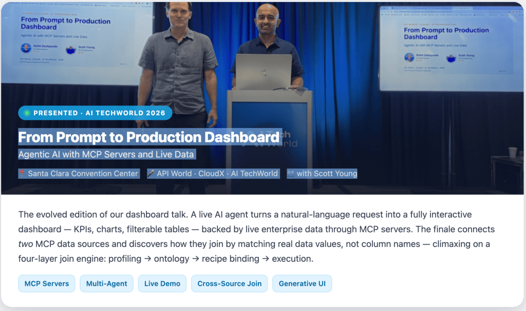 A presentation at the AI Tech World 2026 event titled 'From Prompt to Production Dashboard,' featuring Scott Young and Ratik Deshpande. The scene includes a stage with a projector screen and a digital presentation focusing on interactive dashboards using Agentic AI with MCP servers and live data.